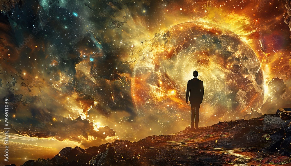 Wall mural a person is walking down a long, dark tunnel with a glowing light at the end by ai generated image
