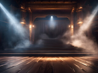 A blank stage with lighting and colored smoke for product display, product concept background image