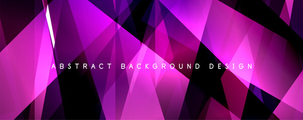 The background features a vibrant purple hue with an array of triangles in shades of violet, pink, magenta, and electric blue. The design showcases symmetry and a variety of tints and shades