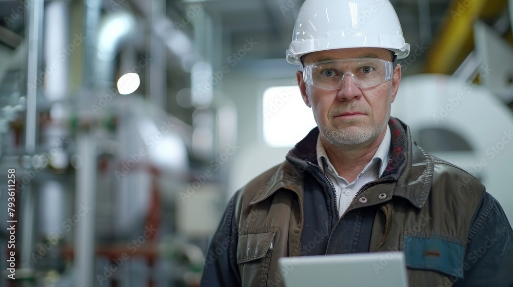 Poster a middle-aged engineer in a hard hat, with a tablet, at a factory, showing a problem-solving express