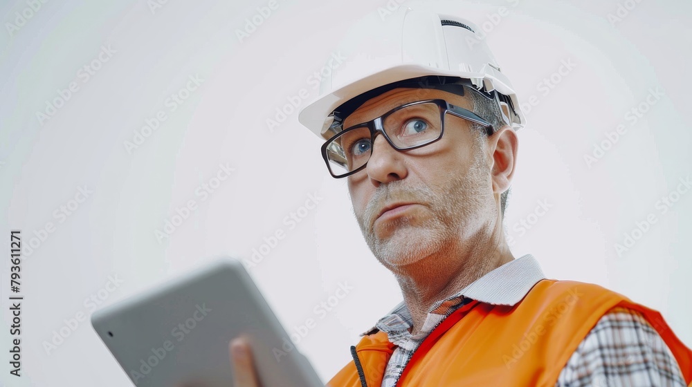 Poster a middle-aged engineer in a hard hat, with a tablet, at a factory, showing a problem-solving express