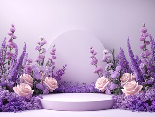 Pink and purple 3d podium with flowers. Pastel soft round scene render
