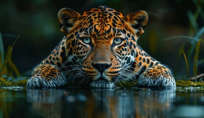 Leopard at night, its focused eyes, full body, lying on mossy grass by the water, with reflection, dark background, animal protection theme, discovering the beauty of nature，Majestic Night Encounter: 