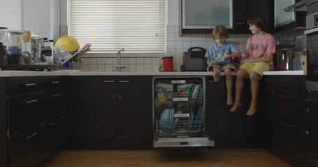 Two kids, sitting on a countertop, collaborate on loading a dishwasher in a sunlit kitchen, showcasing teamwork and domestic life.