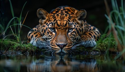 Leopard at night, its focused eyes, full body, lying on mossy grass by the water, with reflection, dark background, animal protection theme, discovering the beauty of nature，Majestic Night Encounter: 