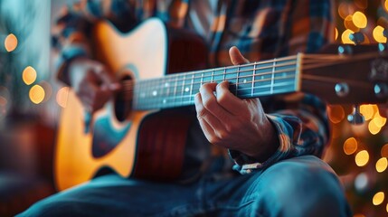 Fototapeta premium Intense focus on a guitarists strumming, strings vibrating in perfect harmony