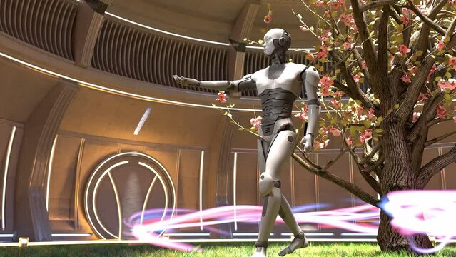 artificial intelligence Mother Earth connection with ancient energy flow robot prototype consciousness cyborg 3d rendering animation 