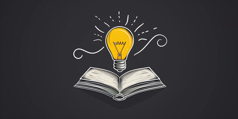 Eureka Moment: Incandescent Bulb Over an Open Book with Symbols