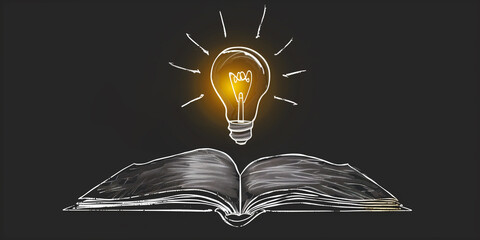 Bright Thoughts: Hand-Drawn Light Bulb and Symbols Over Open Book