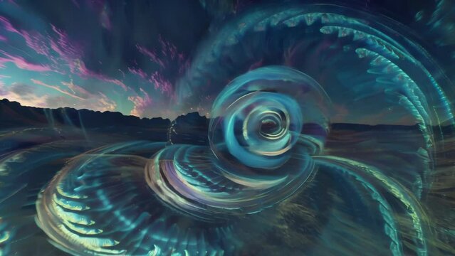 Mesmerizing spiraling fractals in shades of teal and purple, resembling conch shells, against a vibrant backdrop of aurora night sky. Surreal, dreamlike, and ethereal.
