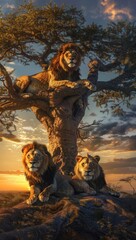 Majestic lions lounging in the shade of a towering baobab tree on the African savannah, their golden coats glowing in the warm light of sunset for blog nature lovers gallery