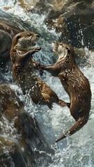 Naklejka premium Playful otters splashing and diving in a crystal-clear mountain stream, their sleek bodies gliding effortlessly through the rushing water for blog nature lovers gallery