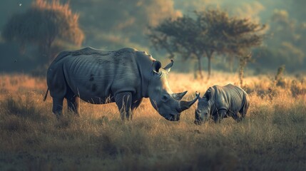 Fototapeta premium Rhinos grazing on lush grasslands, Wildlife, DSLR, Prime lens, Afternoon, Sturdy, Digital for blog nature lovers gallery