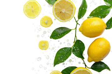 Group of Lemons With Leaves and Water Drops