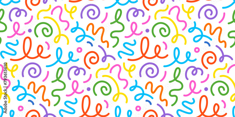 Poster kid line color seamless pattern. abstract cute children party squiggle background design. fun kid co