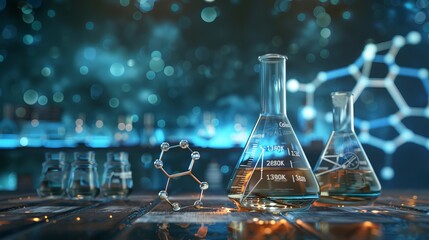 Scientific Experiment: Beaker and Flask in Laboratory with Chemical Structure, Science Research Concept - obrazy, fototapety, plakaty