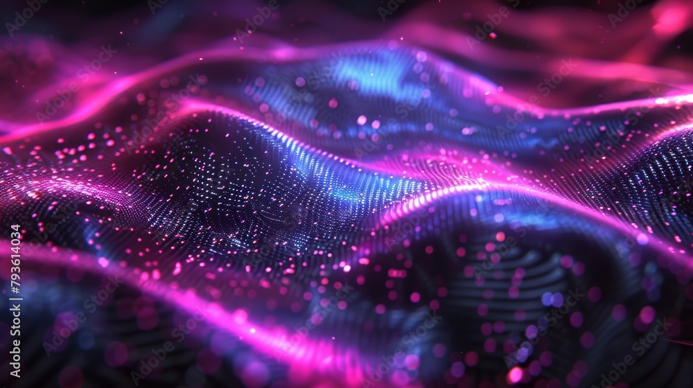 Poster dynamic and vibrant abstract digital waveform with glowing pink and blue particles.