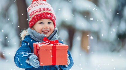 Smiling toddler in winter clothing joyfully presents a red gift box amidst falling snow.