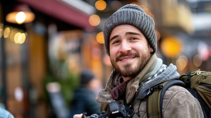 Portrait of a young photographer with a warm and approachable smile, radiating energy and excitement for the art of photography. 