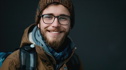 Portrait of a young photographer with a warm and approachable smile, radiating energy and excitement for the art of photography.