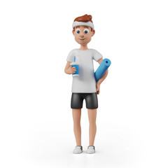 Man in sportswear with headband is standing holding rolled mat and drink