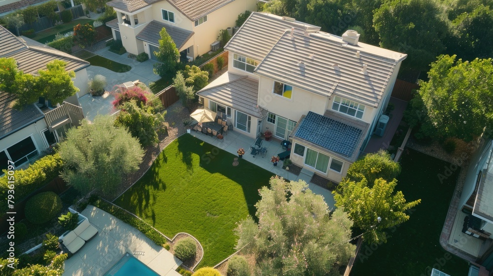 Poster a backyard view of a house with a solar panel array generating clean energy.