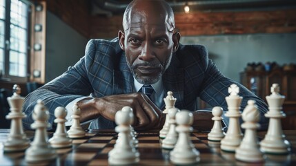 Business executive strategizing in office chess game with intense focus on board
