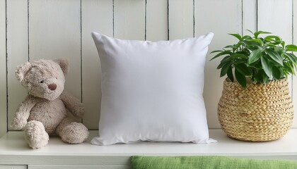 Pillow Cover Mockup: White Square Pillow in Kids Room