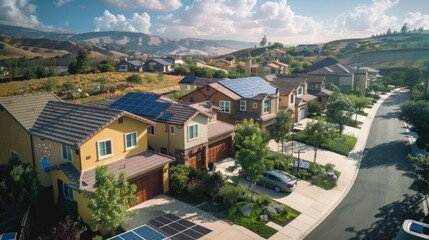 A panoramic shot of a neighborhood with several houses featuring solar panels. 