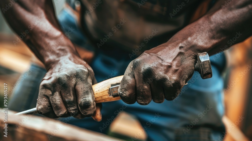 Poster a close-up shot of a worker's hands using tools like a hammer or screwdriver.