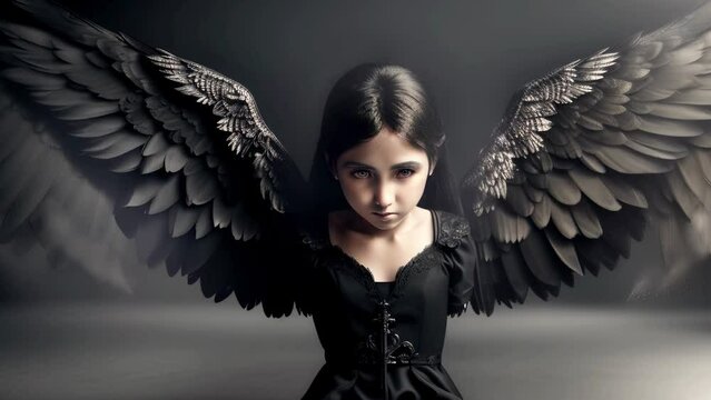 Portrait of a beautiful attractive black fallen angel on a dark background