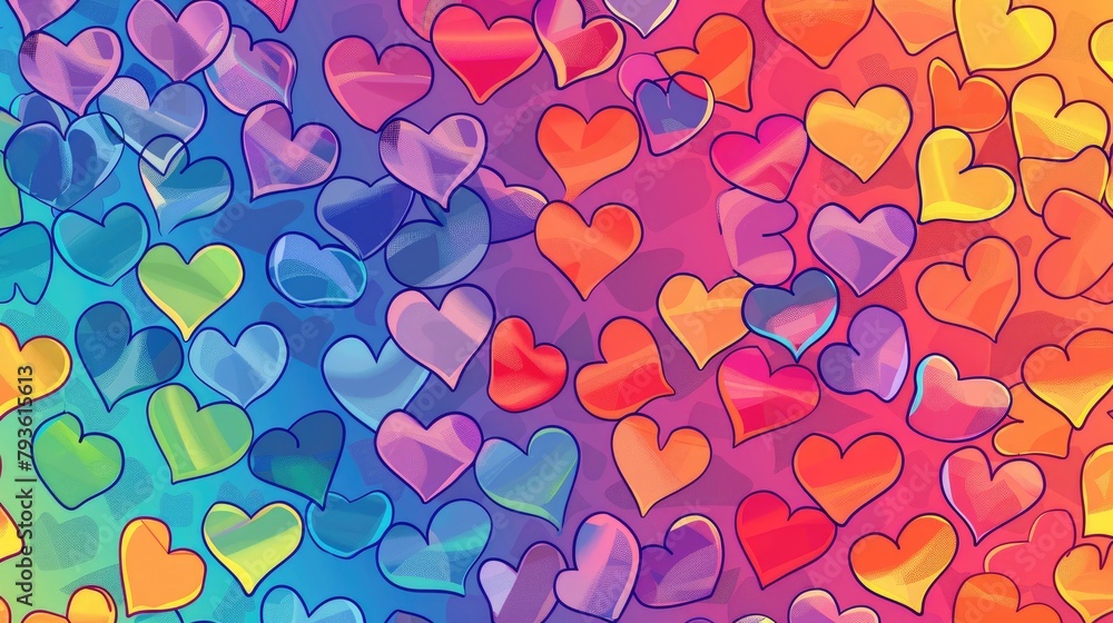 Poster a background pattern with overlapping hearts in lgbtq pride colors.