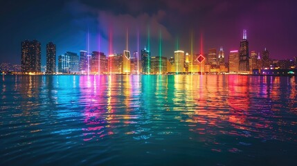 A city skyline with buildings illuminated in rainbow colors for pride celebrations. 