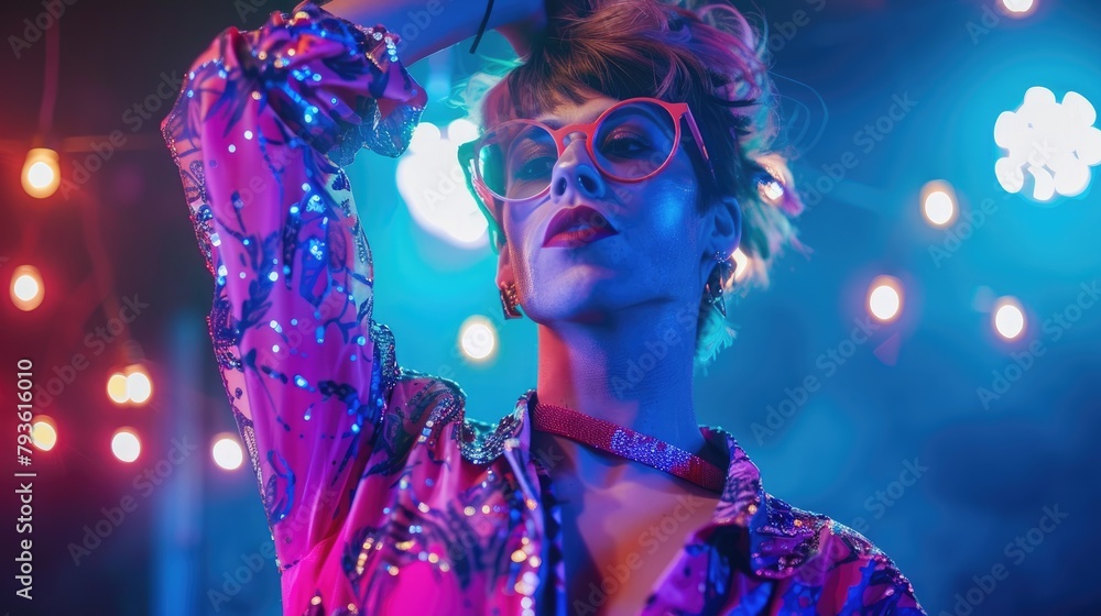 Poster a drag king performing with confidence and charisma on stage.