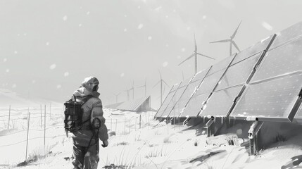 A resilient construction worker in a stark, white snowy solar field, trudging through deep snow, surveying the expanse of snow-draped solar panels, distant wind turbines emerging from the mist.