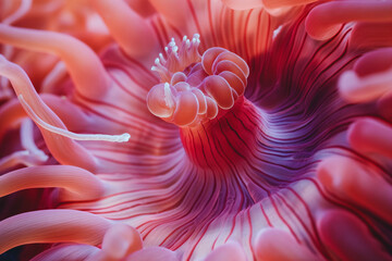 Detailed close-up of a sea anemone's stinging tentacles capturing its otherworldly allure - obrazy, fototapety, plakaty