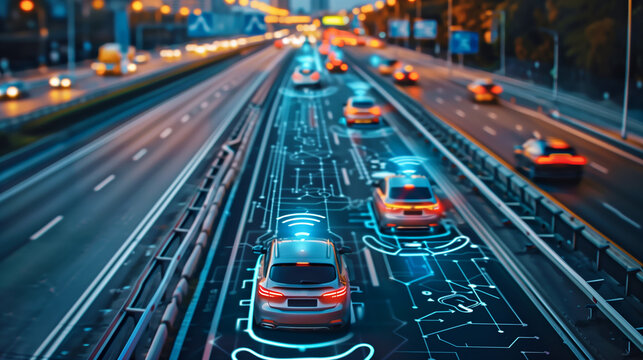 Autos fahren auf einer Stra&szlig;e, mithilfe der Vehicle-to-Everything-Technologie