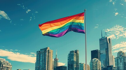 A pride flag flying high in a city skyline, symbolizing inclusivity. 