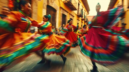 A dynamic shot of dancers performing traditional Mexican folk dances for Cinco de Mayo. 