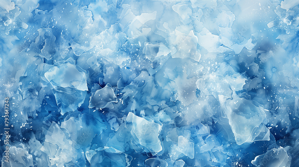Poster a blue and white background with splatters of blue paint. the splatters are in different sizes and s