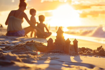 Beach Playtime Silhouette: Family Constructs Sandcastles at Sunset - obrazy, fototapety, plakaty
