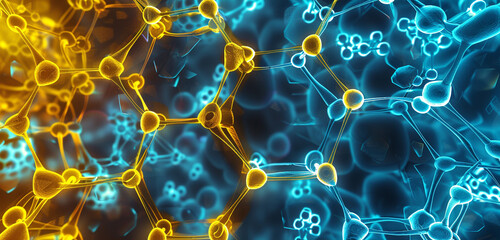 High-contrast octagonal molecule design in electric blue and bright yellow.