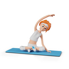 Woman in lotus position bends to side. Female funny character is exercising on sports mat