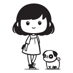 Black and white cartoon of a young girl standing next to a small, adorable pug dog, both looking forward with friendly faces.