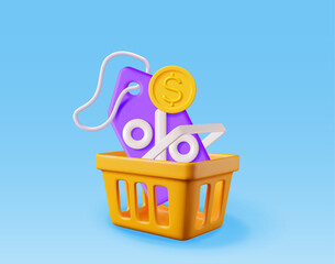 3d shopping cart and coupon with percentage symbol. Render realistic shopping basket and colorful discount voucher. Sale discount clearance. Online retail shopping. Vector illustration