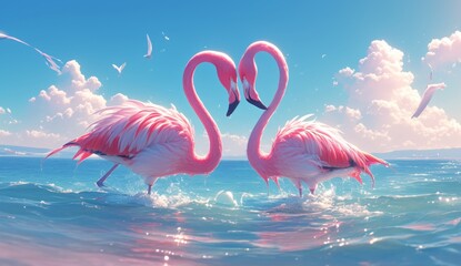 2 elegant flamingos standing in the water forming a love heart, reflection, beautiful nature, background, 4K wallpaper, geography, love, Valentine's Day.
