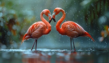 2 elegant flamingos standing in the water forming a love heart, reflection, beautiful nature, background, 4K wallpaper, geography, love, Valentine's Day.