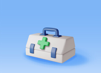3d First aid kit with green cross isolated. Render plastic bag for medicine. Healthcare, hospital and medical diagnostics. Urgency and emergency services. Vector illustration