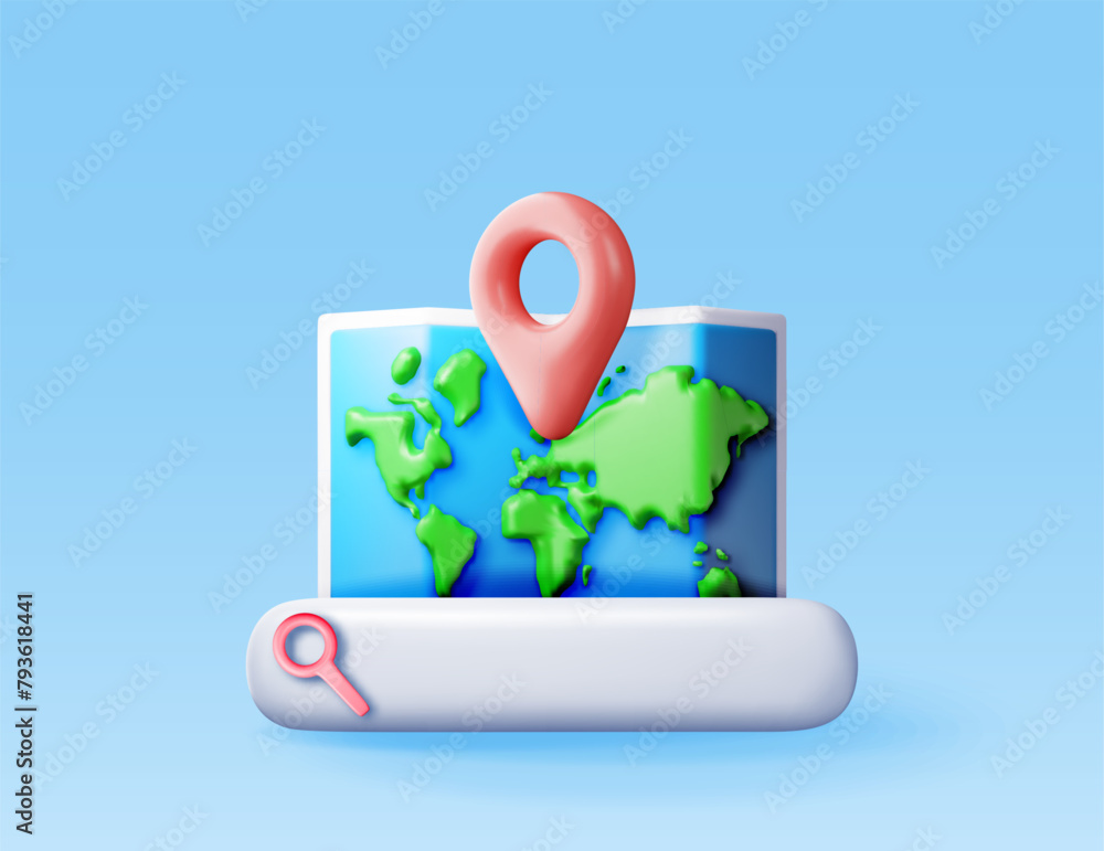 Poster 3d location folded paper map, search bar and pin isolated. red gps pointer marker icon. render gps a