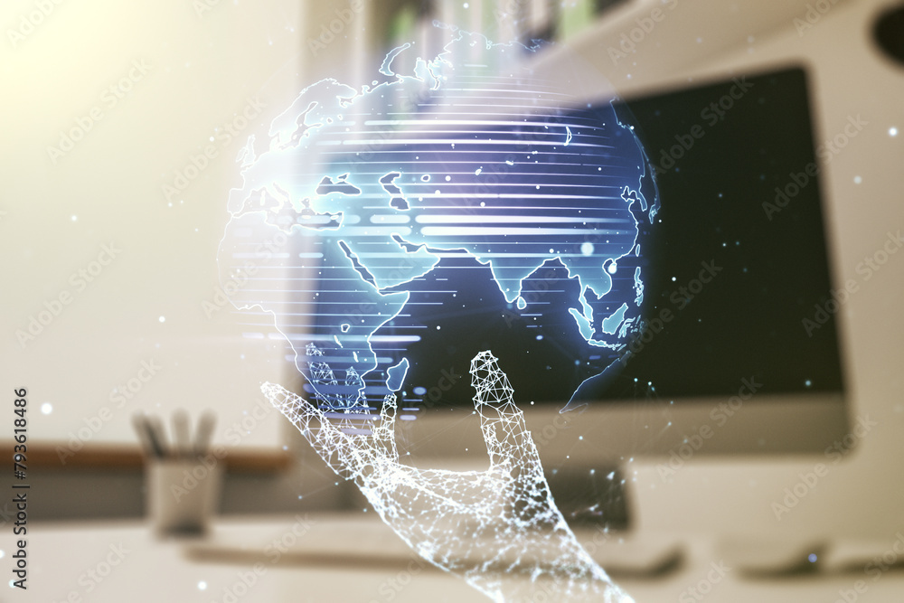 Poster abstract creative digital world map and modern desktop with pc on background, globalization concept.
